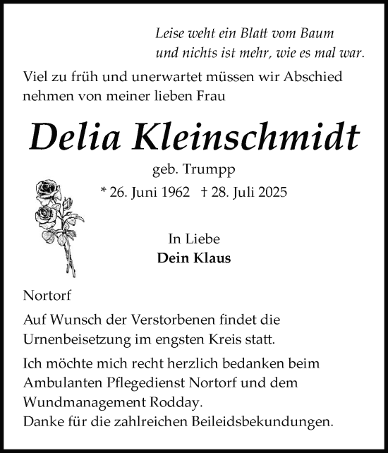 Traueranzeige von Delia Kleinschmidt von Schleswig-Holsteinische Landeszeitung
