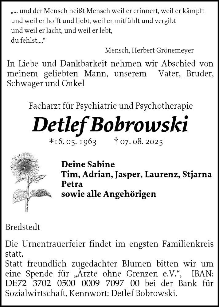  Traueranzeige für Detlef Bobrowski vom 30.08.2025 aus Husumer Nachrichten, Nordfriesland Tageblatt