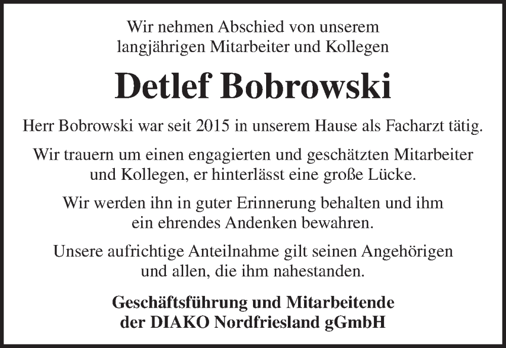  Traueranzeige für Detlef Bobrowski vom 30.08.2025 aus Husumer Nachrichten, Nordfriesland Tageblatt