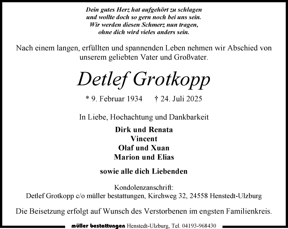  Traueranzeige für Detlef Grotkopp vom 09.08.2025 aus Umschau