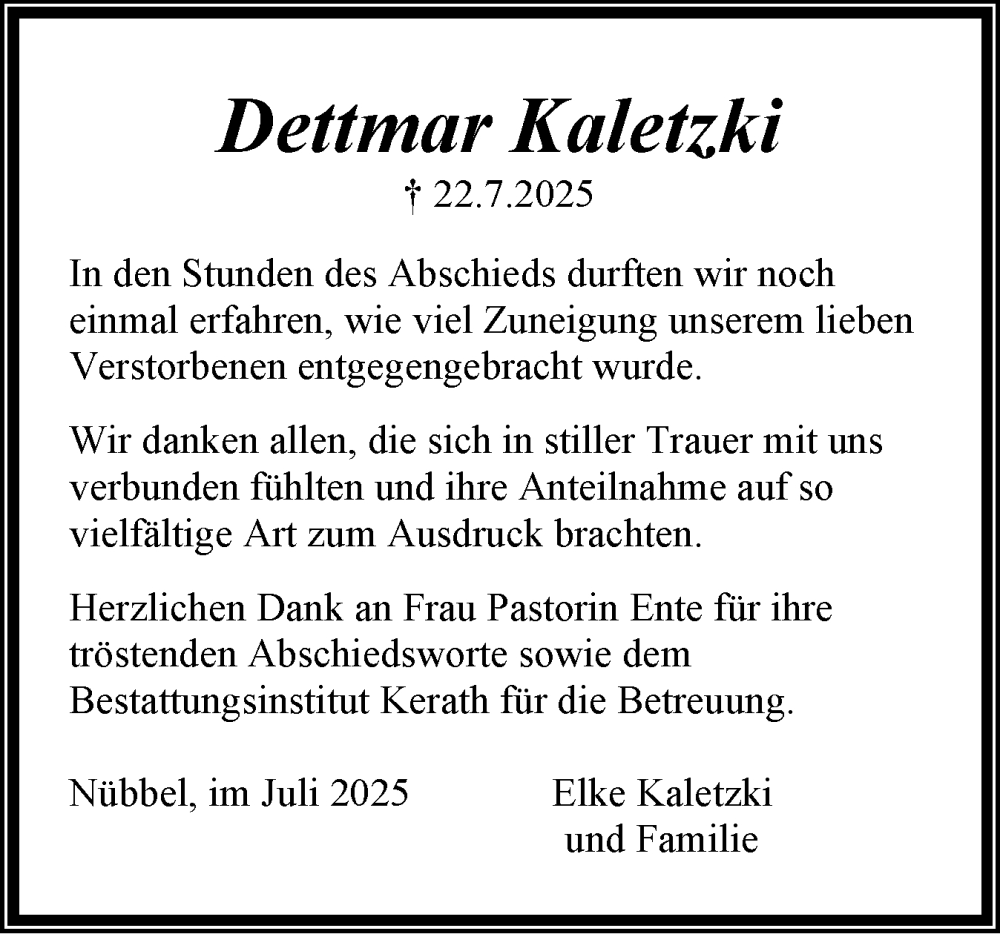  Traueranzeige für Dettmar Kaletzki vom 16.08.2025 aus Schleswig-Holsteinische Landeszeitung