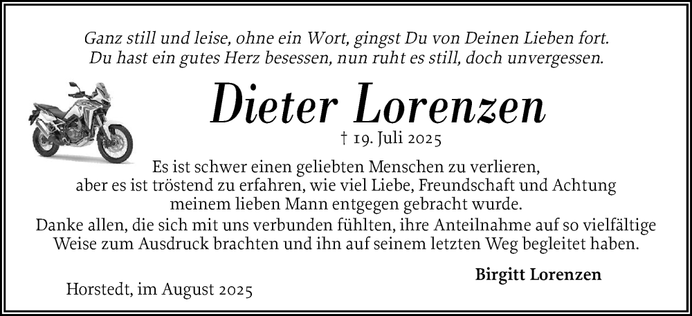  Traueranzeige für Dieter Lorenzen vom 02.08.2025 aus Husumer Nachrichten, Nordfriesland Tageblatt