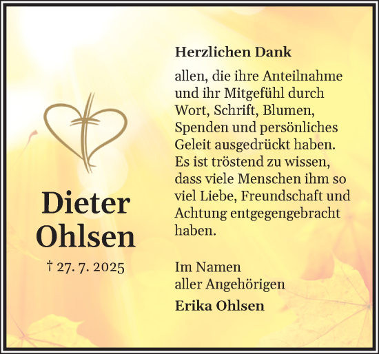 Traueranzeige von Dieter Ohlsen von Region Pinneberg und tip Pinneberg
