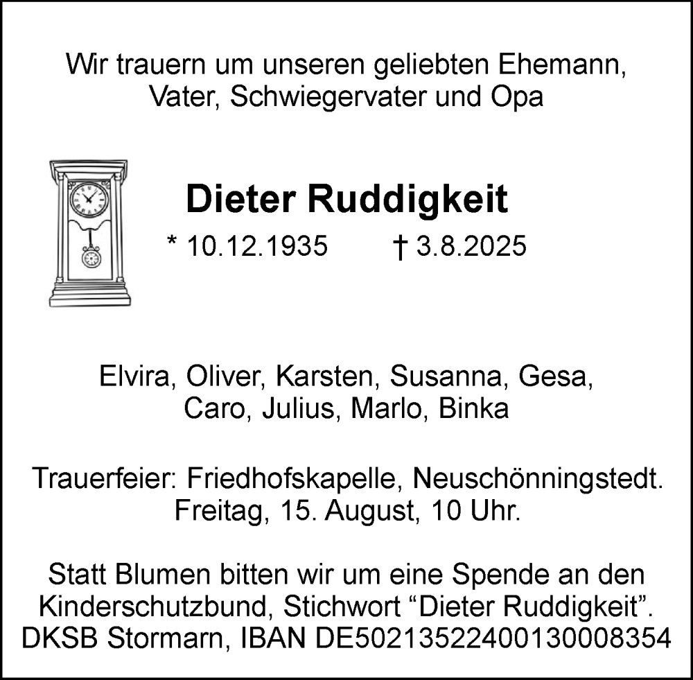  Traueranzeige für Dieter Ruddigkeit vom 09.08.2025 aus MARKT Glinde/Reinbek