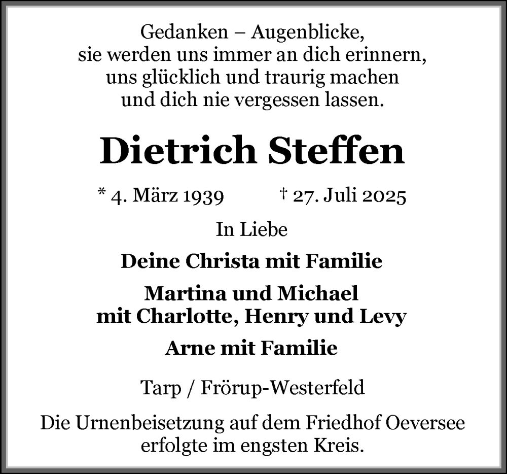  Traueranzeige für Dietrich Steffen vom 23.08.2025 aus Flensburger Tageblatt