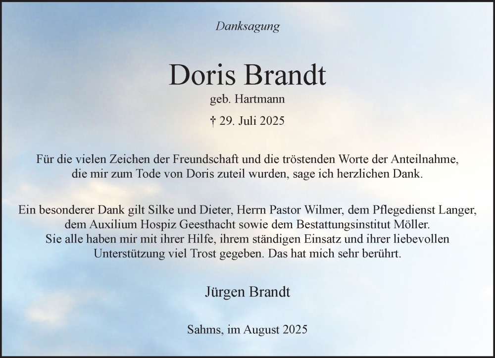  Traueranzeige für Doris Brandt vom 30.08.2025 aus Wochenend Anzeiger