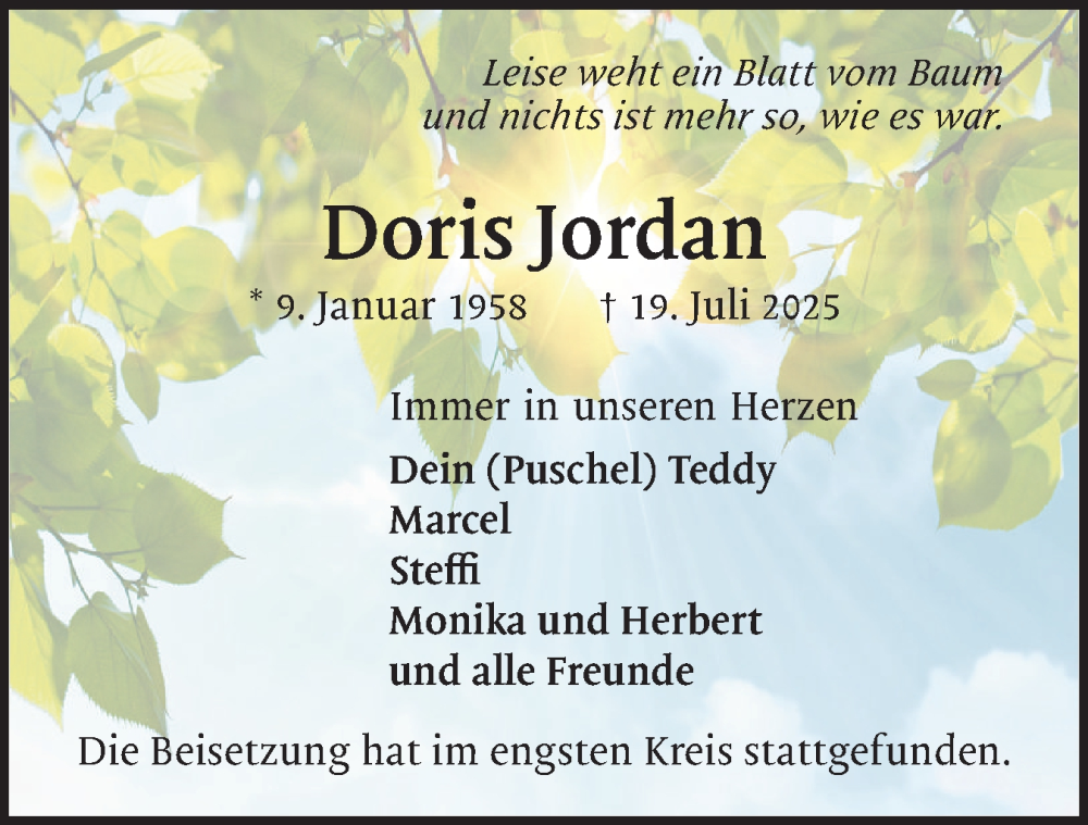  Traueranzeige für Doris Jordan vom 23.08.2025 aus Region Pinneberg und tip Pinneberg