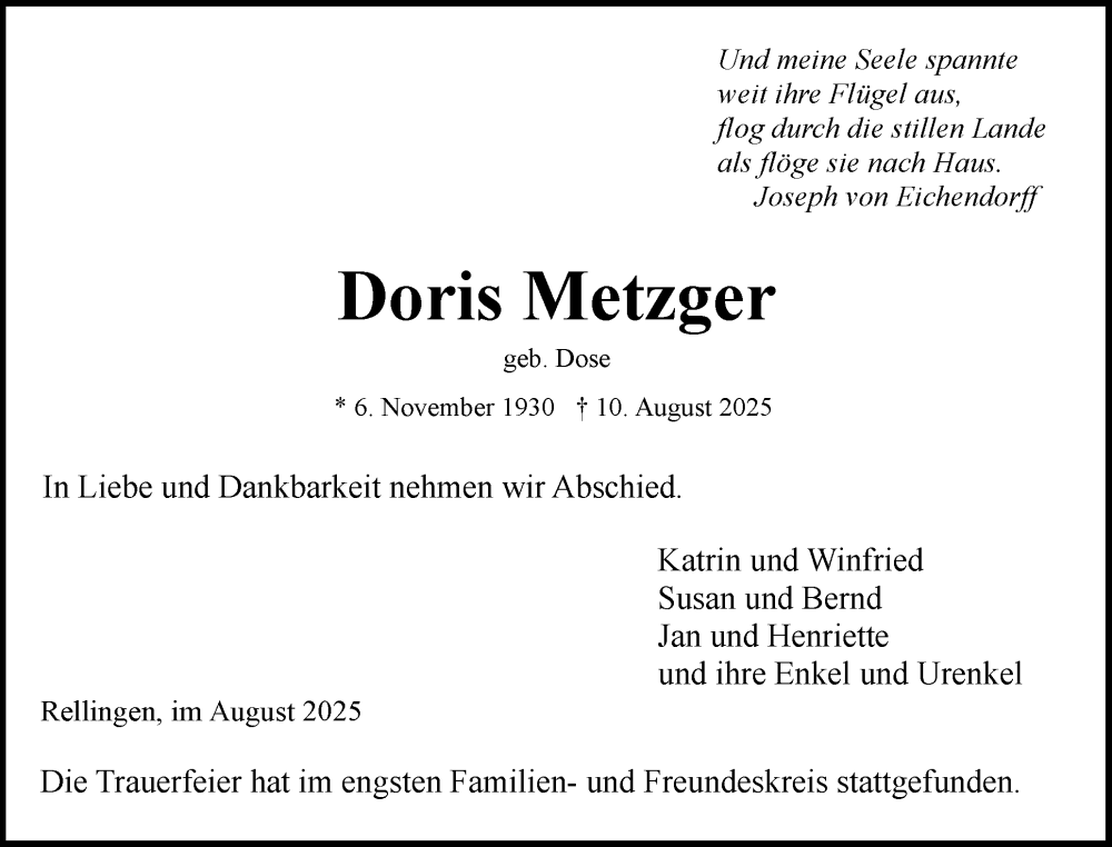  Traueranzeige für Doris Metzger vom 30.08.2025 aus Region Pinneberg und tip Pinneberg