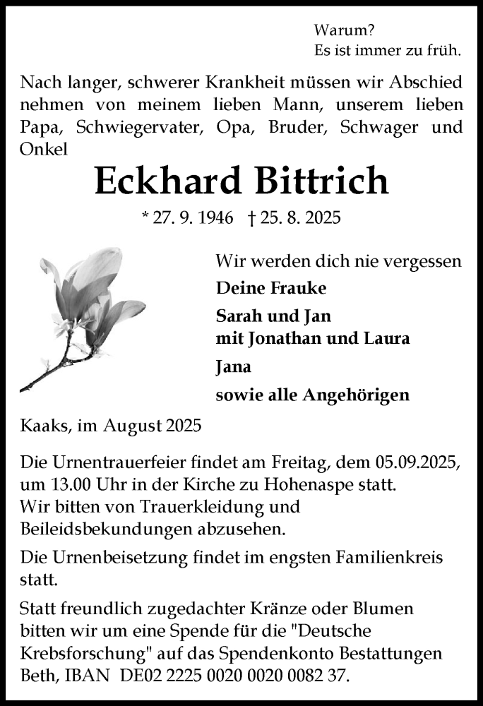  Traueranzeige für Eckhard Bittrich vom 30.08.2025 aus Norddeutsche Rundschau, Wilstersche Zeitung, Glückstädter Fortuna