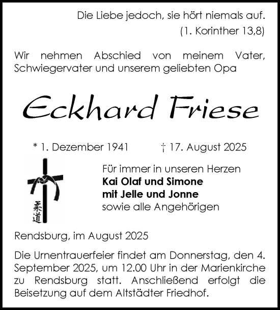 Traueranzeige von Eckhard Friese von Schleswig-Holsteinische Landeszeitung