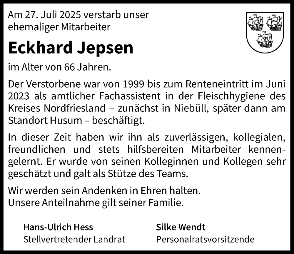  Traueranzeige für Eckhard Jepsen vom 07.08.2025 aus Husumer Nachrichten, Nordfriesland Tageblatt