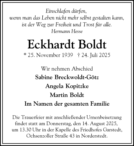 Traueranzeige von Eckhardt Boldt von Heimatspiegel