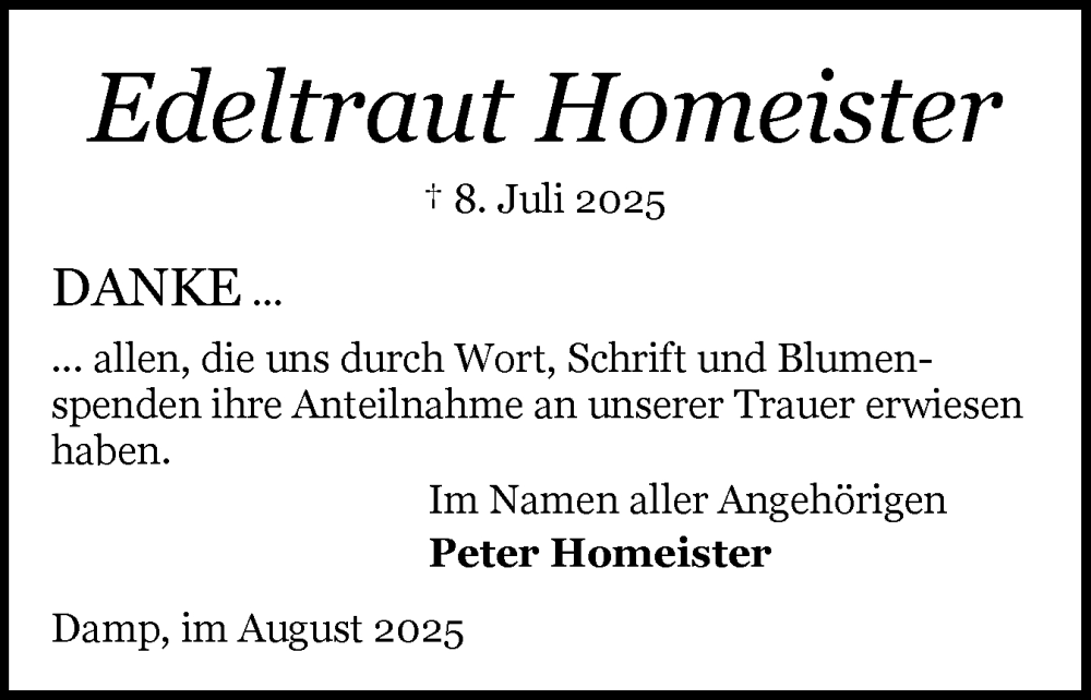  Traueranzeige für Edeltraut Homeister vom 09.08.2025 aus Schleswiger Nachrichten, Schlei-Bote