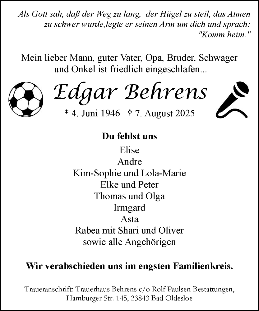  Traueranzeige für Edgar Behrens vom 16.08.2025 aus MARKT Bad Oldesloe/Reinfeld und Stormarner Tageblatt