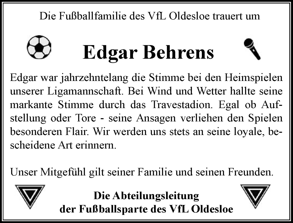  Traueranzeige für Edgar Behrens vom 23.08.2025 aus MARKT Bad Oldesloe/Reinfeld und Stormarner Tageblatt