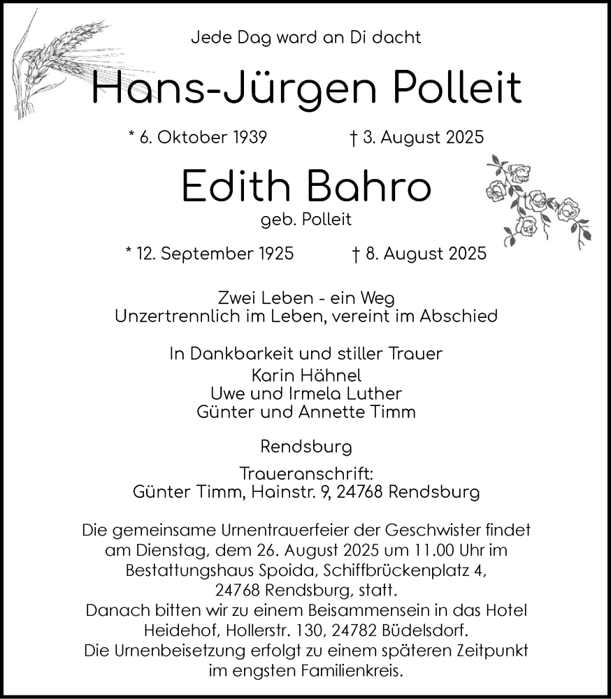  Traueranzeige für Edith Bahro vom 16.08.2025 aus Schleswig-Holsteinische Landeszeitung