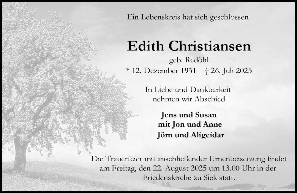  Traueranzeige für Edith Christiansen vom 09.08.2025 aus MARKT Ahrensburg/Bargteheide/Trittau und Stormarner Tageblatt