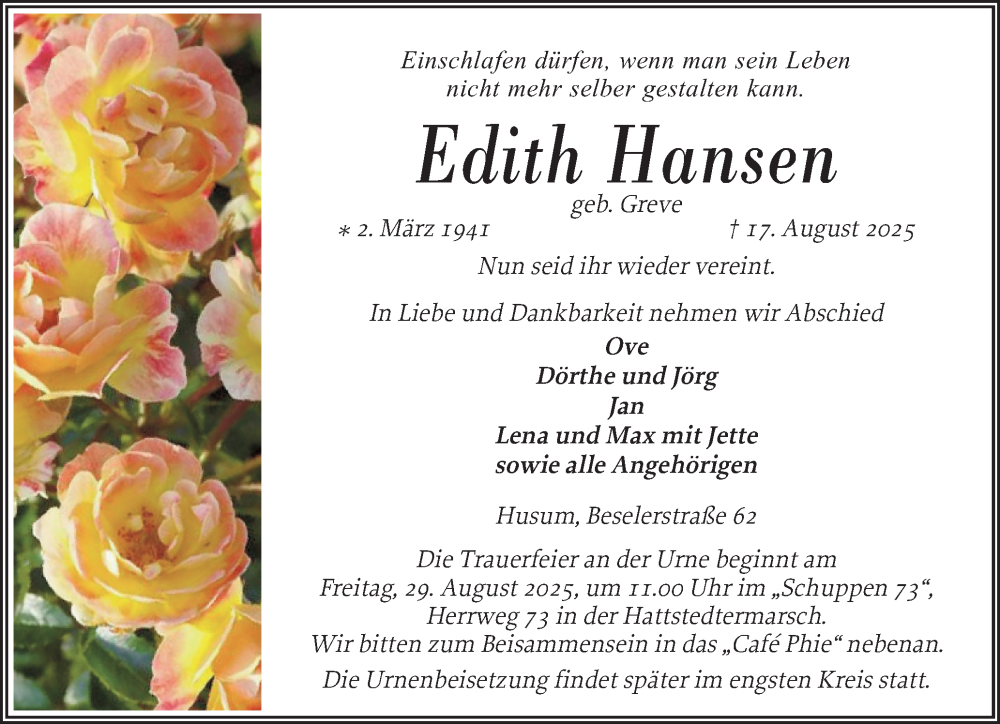  Traueranzeige für Edith Hansen vom 22.08.2025 aus Husumer Nachrichten, Nordfriesland Tageblatt