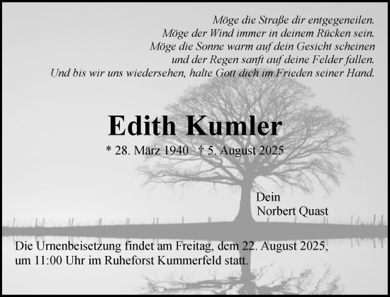 Traueranzeige von Edith Kumler von Region Pinneberg und tip Pinneberg