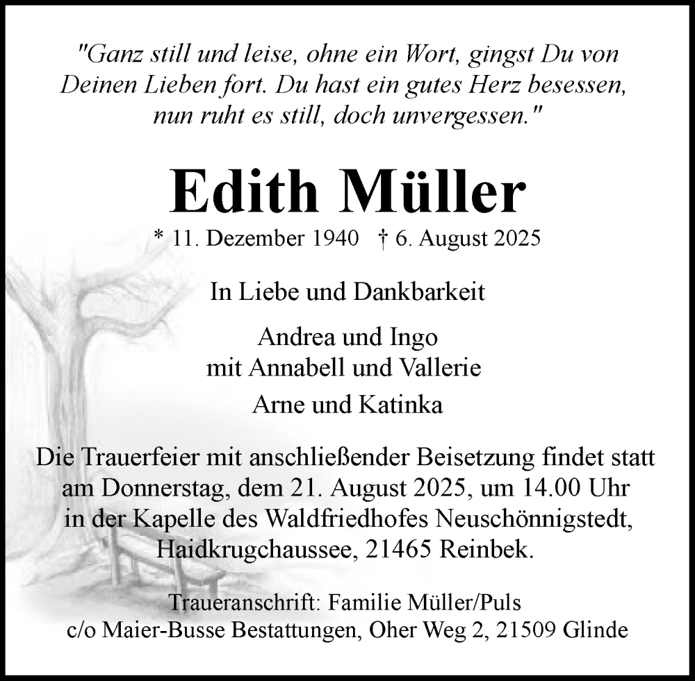  Traueranzeige für Edith Müller vom 16.08.2025 aus MARKT Glinde/Reinbek