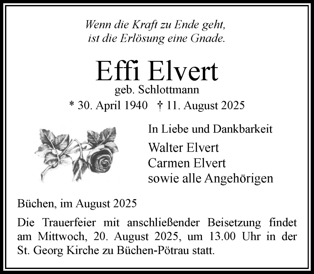  Traueranzeige für Effi Elvert vom 16.08.2025 aus Wochenend Anzeiger