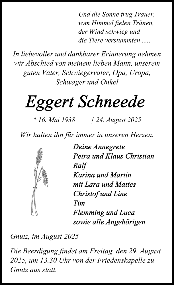  Traueranzeige für Eggert Schneede vom 28.08.2025 aus Schleswig-Holsteinische Landeszeitung