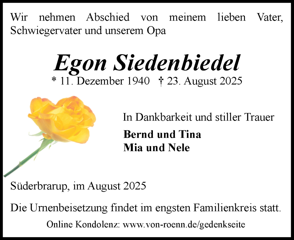  Traueranzeige für Egon Siedenbiedel vom 30.08.2025 aus Schleswiger Nachrichten, Schlei-Bote