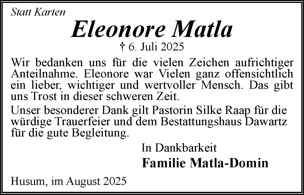  Traueranzeige für Eleonore Matla vom 02.08.2025 aus Husumer Nachrichten, Nordfriesland Tageblatt