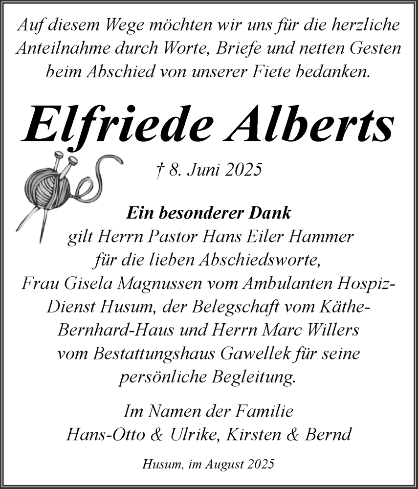  Traueranzeige für Elfriede Alberts vom 12.08.2025 aus Husumer Nachrichten, Nordfriesland Tageblatt