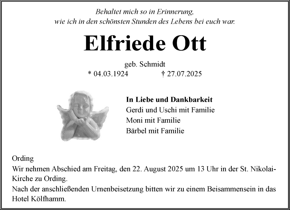  Traueranzeige für Elfriede Ott vom 15.08.2025 aus Husumer Nachrichten, Nordfriesland Tageblatt