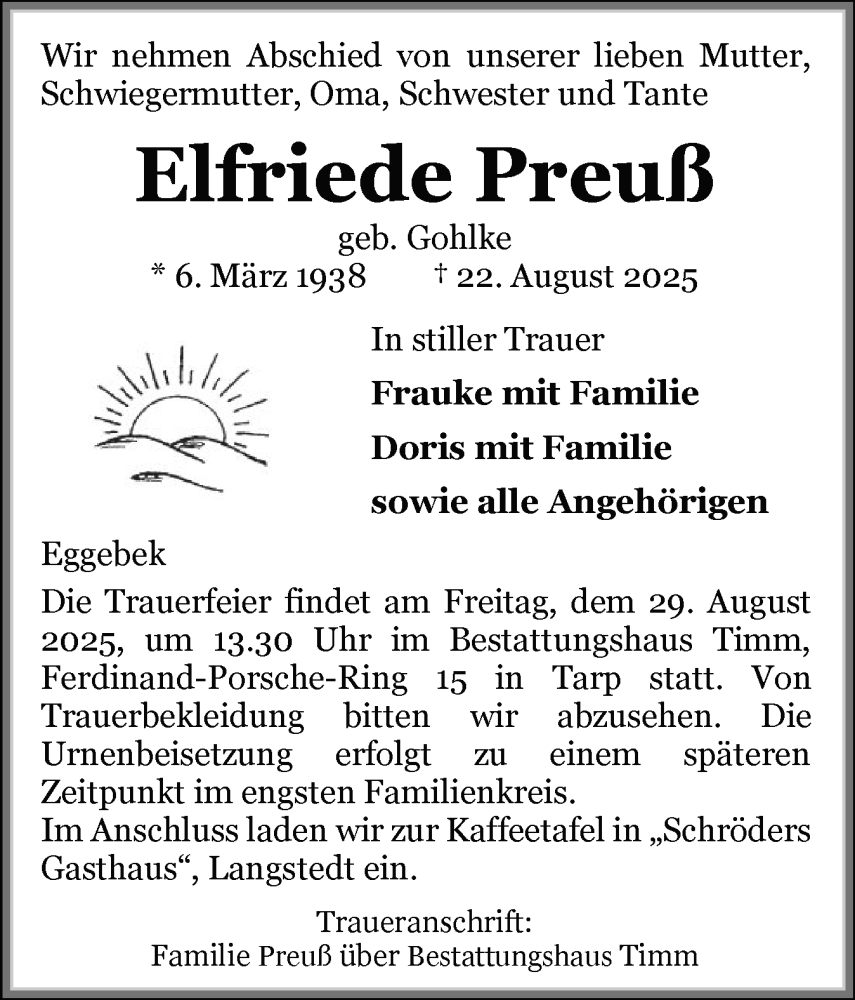  Traueranzeige für Elfriede Preuß vom 27.08.2025 aus Flensburger Tageblatt, Schleswiger Nachrichten, Schlei-Bote