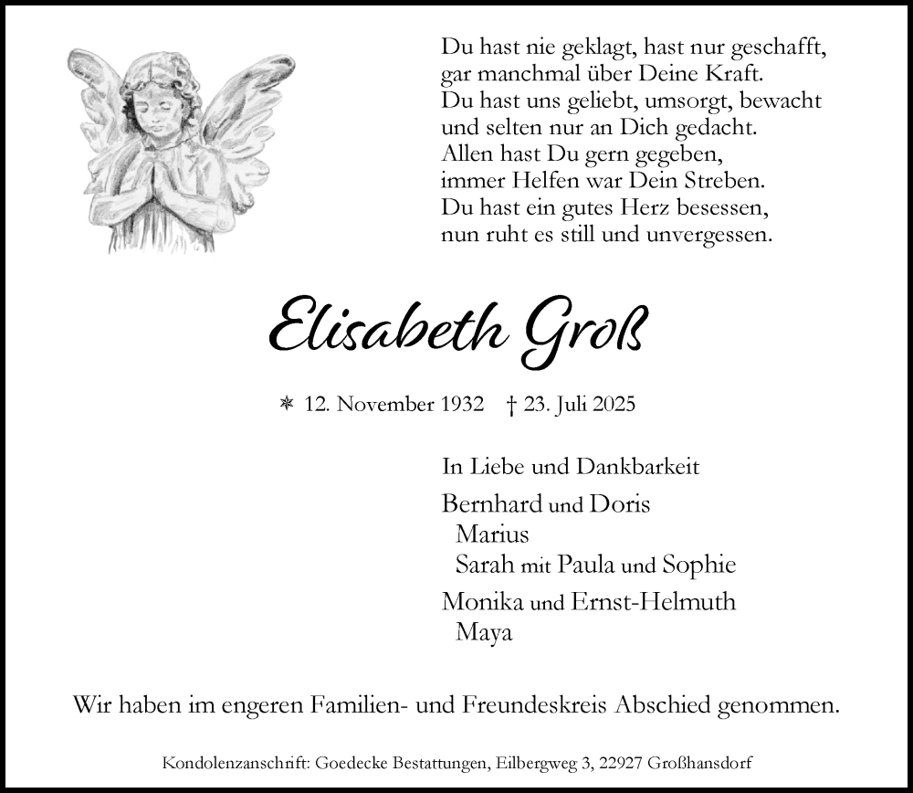  Traueranzeige für Elisabeth Groß vom 02.08.2025 aus MARKT Ahrensburg/Bargteheide/Trittau und Stormarner Tageblatt