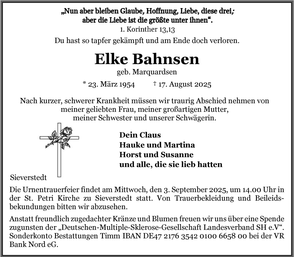  Traueranzeige für Elke Bahnsen vom 23.08.2025 aus Flensburger Tageblatt
