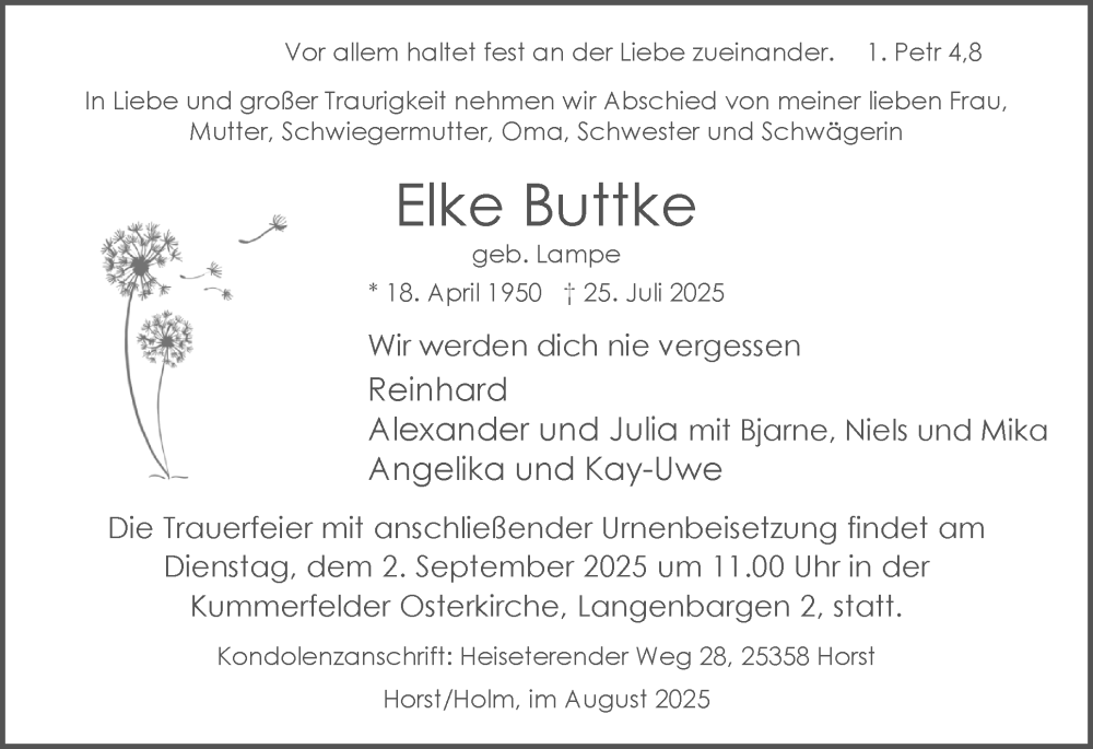  Traueranzeige für Elke Buttke vom 23.08.2025 aus Region Pinneberg und tip Pinneberg
