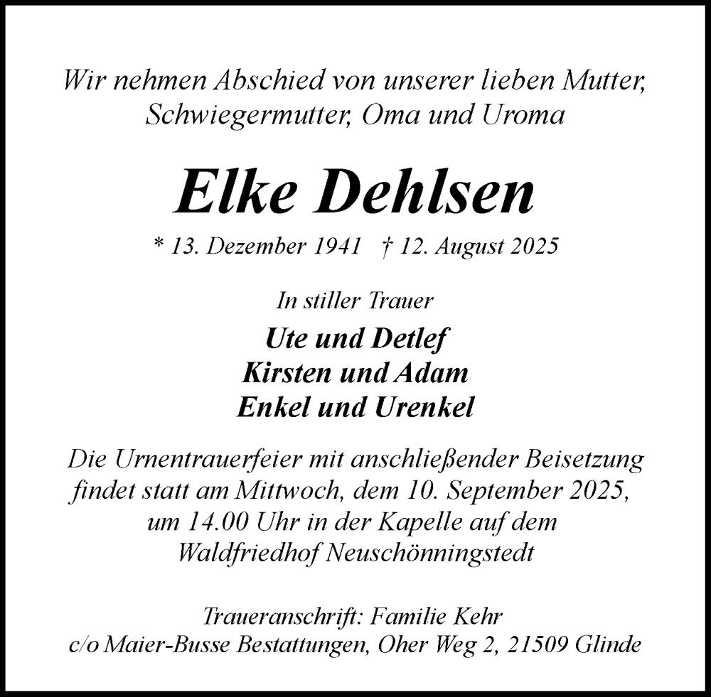  Traueranzeige für Elke Dehlsen vom 30.08.2025 aus MARKT Glinde/Reinbek