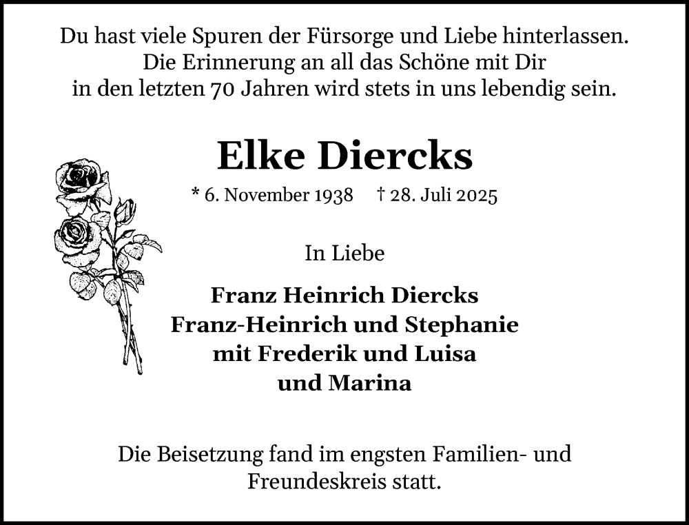  Traueranzeige für Elke Diercks vom 16.08.2025 aus Wedel-Schulauer Tageblatt, tip Wedel-Schulauer Tageblatt, tip Rissener Rundschau