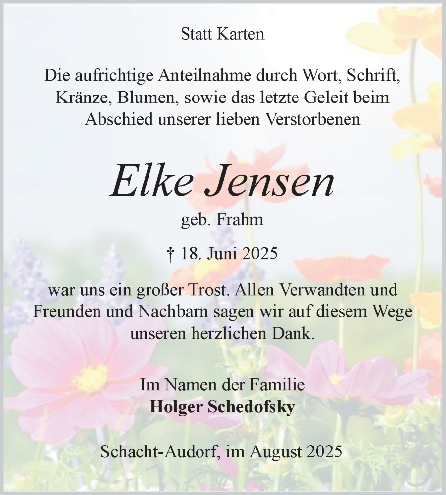  Traueranzeige für Elke Jensen vom 09.08.2025 aus Schleswig-Holsteinische Landeszeitung