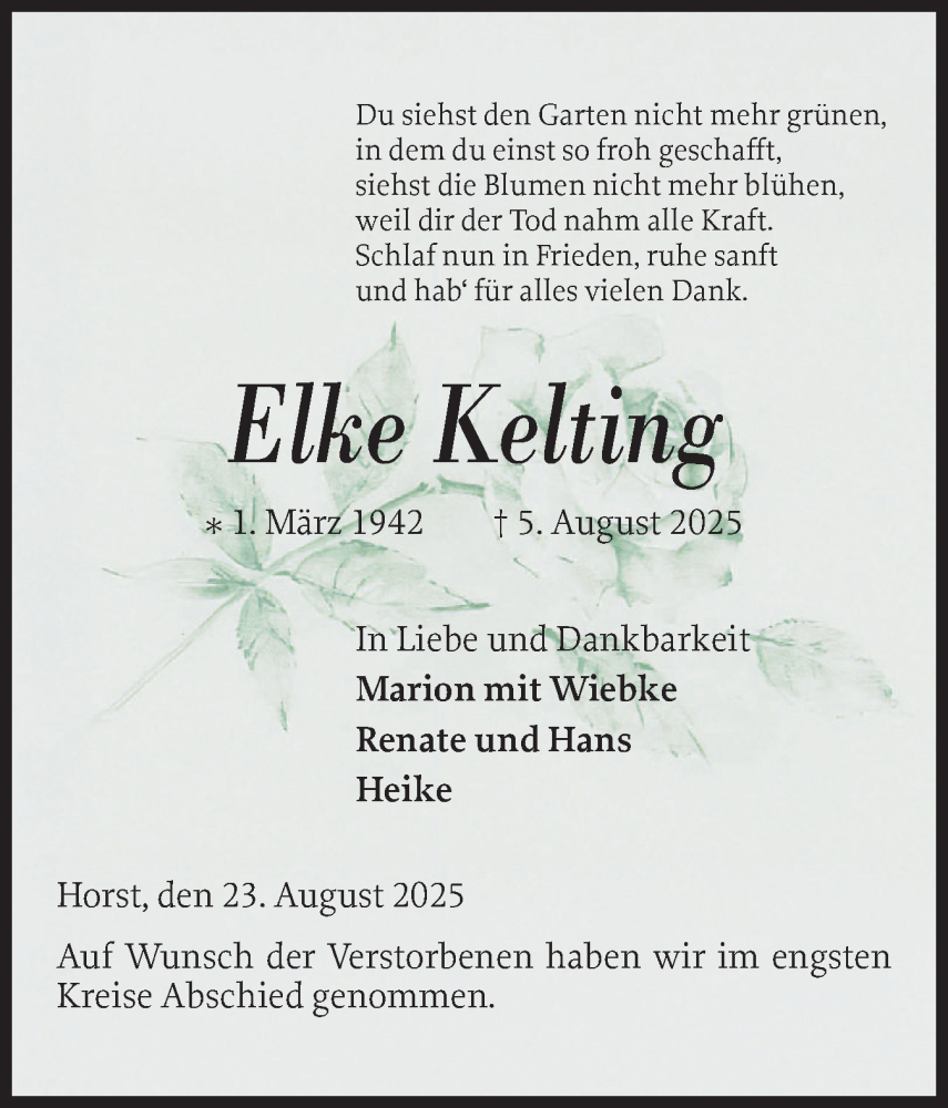  Traueranzeige für Elke Kelting vom 23.08.2025 aus Region Steinburg-Elmshorn