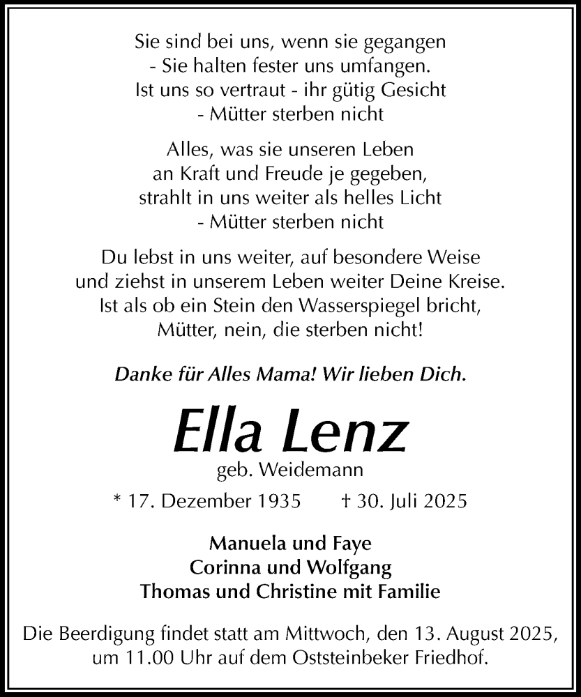  Traueranzeige für Ella Lenz vom 09.08.2025 aus MARKT Glinde/Reinbek
