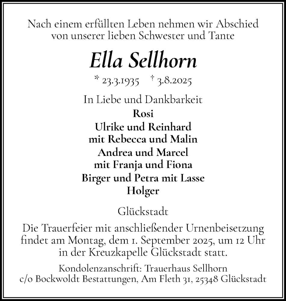  Traueranzeige für Ella Sellhorn vom 23.08.2025 aus Norddeutsche Rundschau, Wilstersche Zeitung, Glückstädter Fortuna