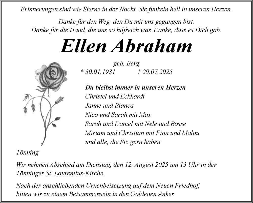  Traueranzeige für Ellen Abraham vom 02.08.2025 aus Husumer Nachrichten, Nordfriesland Tageblatt