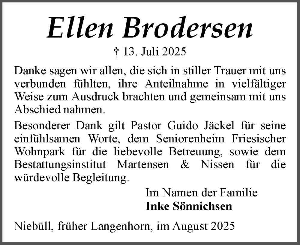  Traueranzeige für Ellen Brodersen vom 30.08.2025 aus Husumer Nachrichten, Nordfriesland Tageblatt