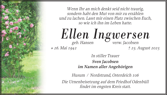 Traueranzeige von Ellen Ingwersen von Husumer Nachrichten, Nordfriesland Tageblatt