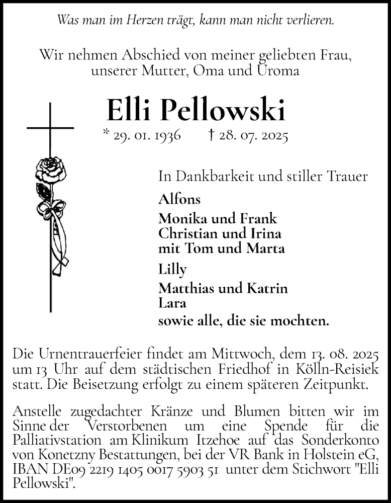  Traueranzeige für Elli Pellowski vom 09.08.2025 aus Elmshorner Nachrichten, Barmstedter Zeitung