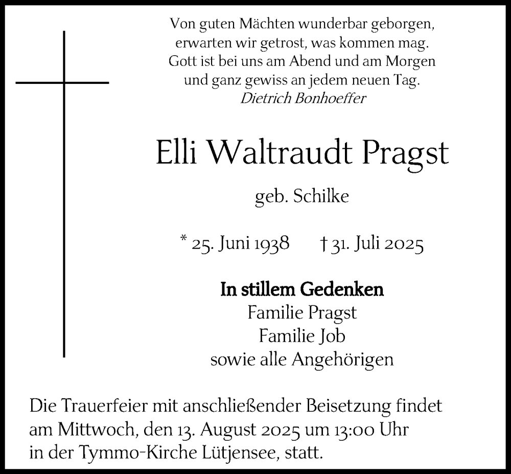  Traueranzeige für Elli Waltraudt Pragst vom 09.08.2025 aus MARKT Ahrensburg/Bargteheide/Trittau und Stormarner Tageblatt