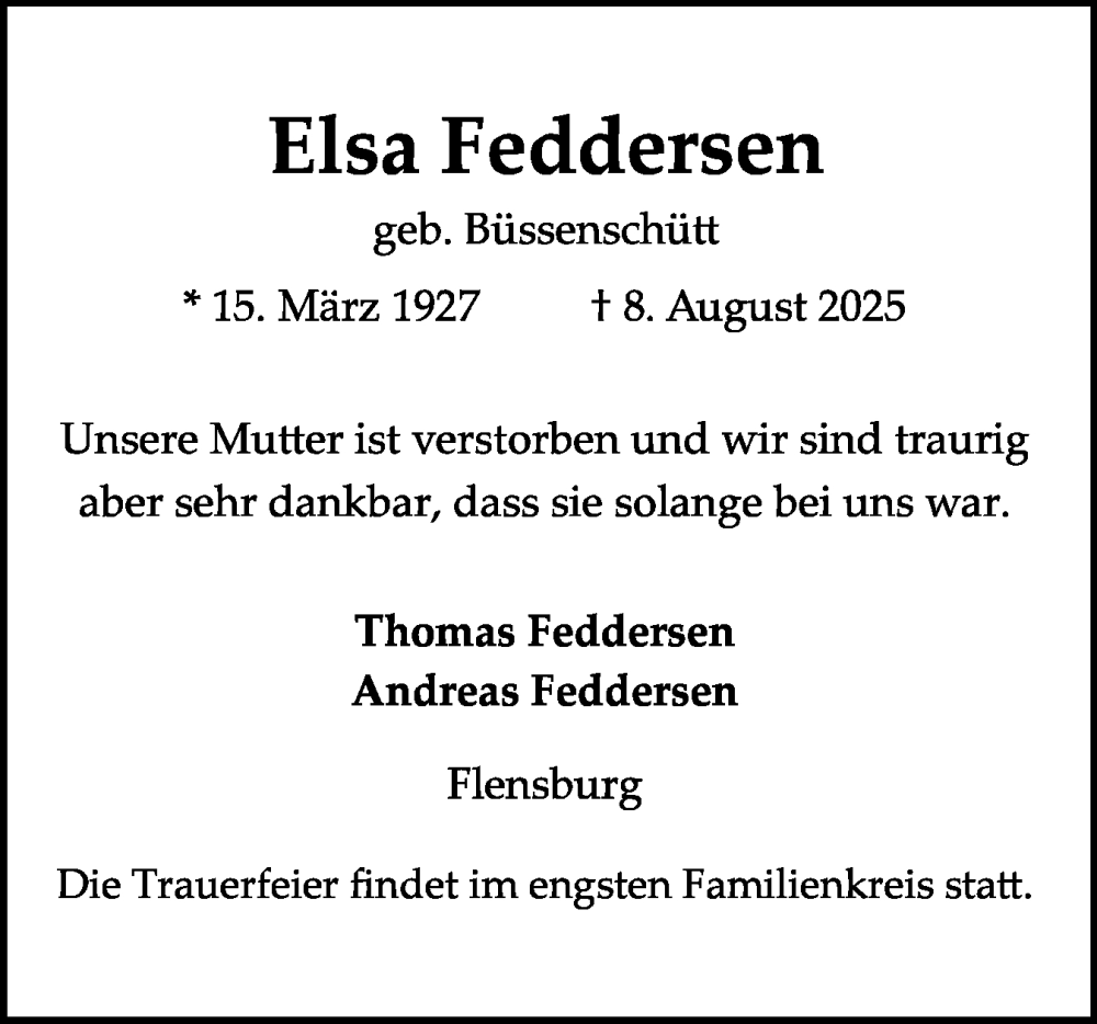  Traueranzeige für Elsa Feddersen vom 16.08.2025 aus Flensburger Tageblatt
