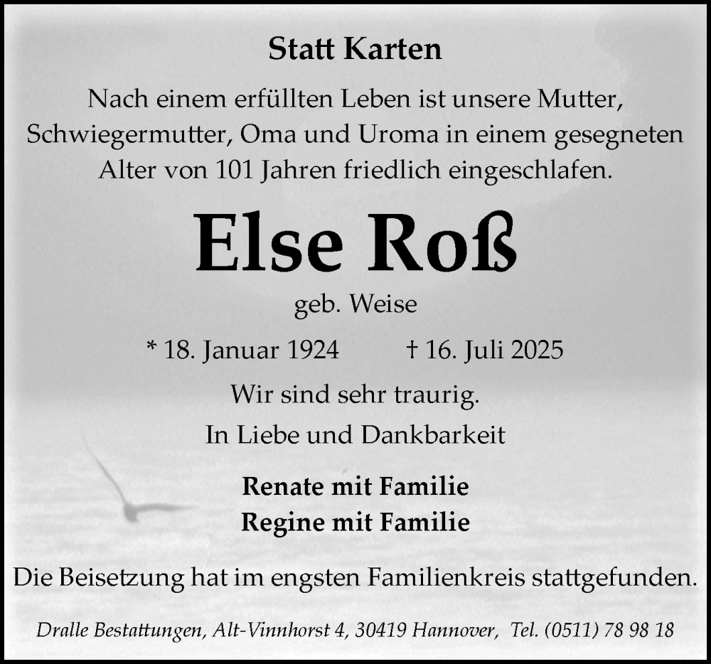  Traueranzeige für Else Roß vom 16.08.2025 aus Die WochenSchau Gesamtausgabe