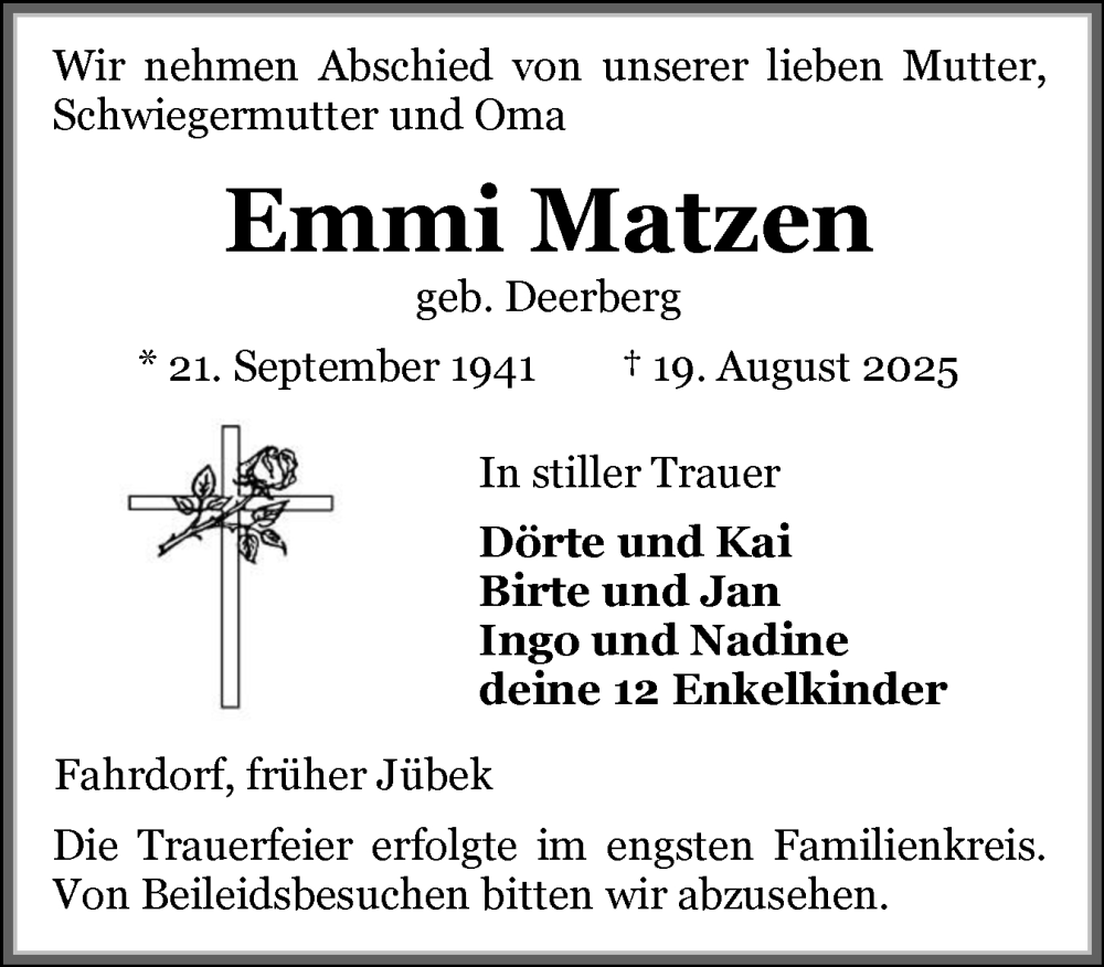  Traueranzeige für Emmi Matzen vom 30.08.2025 aus Flensburger Tageblatt, Schleswiger Nachrichten, Schlei-Bote
