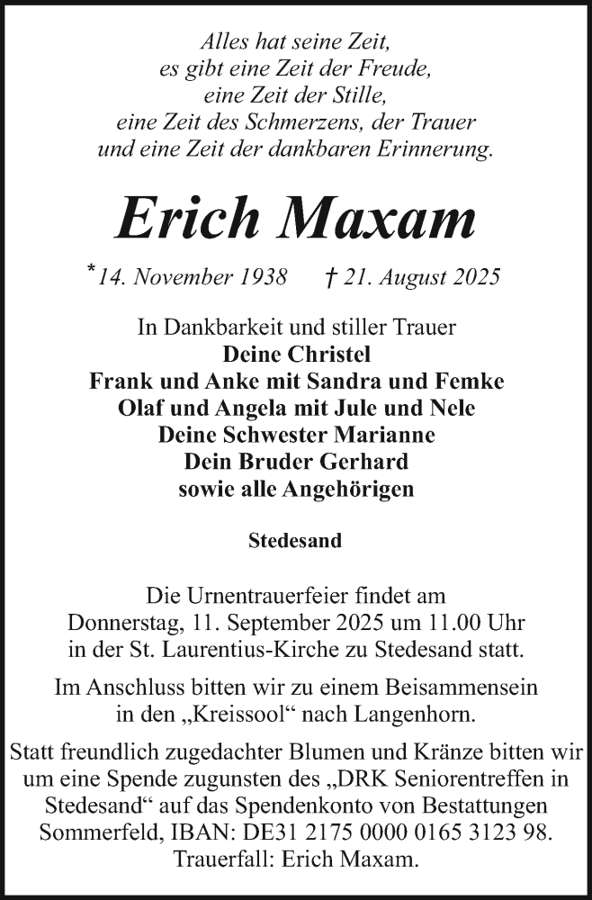  Traueranzeige für Erich Maxam vom 29.08.2025 aus Husumer Nachrichten, Nordfriesland Tageblatt