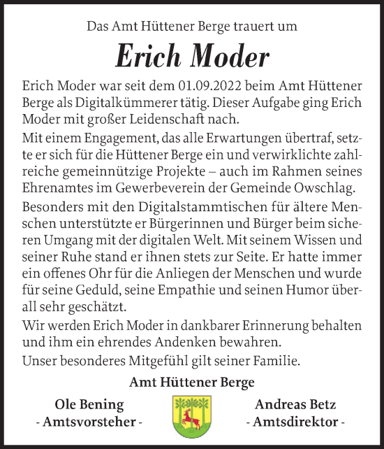Traueranzeige von Erich Moder von Schleswig-Holsteinische Landeszeitung